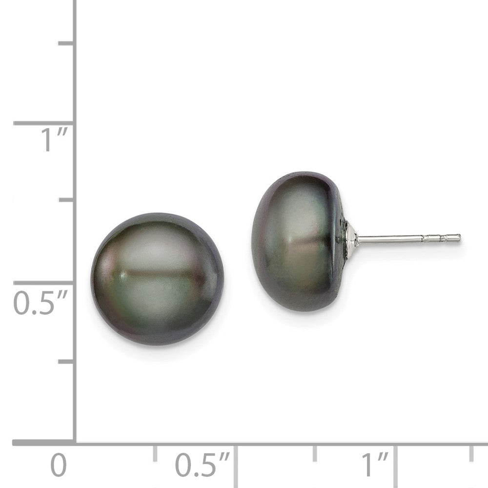 Rhodium-plated Silver 11-12mm Black FWC Button Pearl Earrings