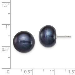 Rhodium-plated Silver 12-13mm Black FWC Button Pearl Earrings