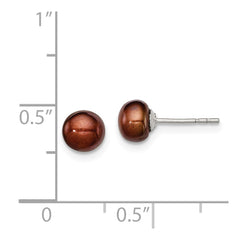 Rhodium-plated Silver 5-6mm Brown FWC Button Pearl Stud Earrings