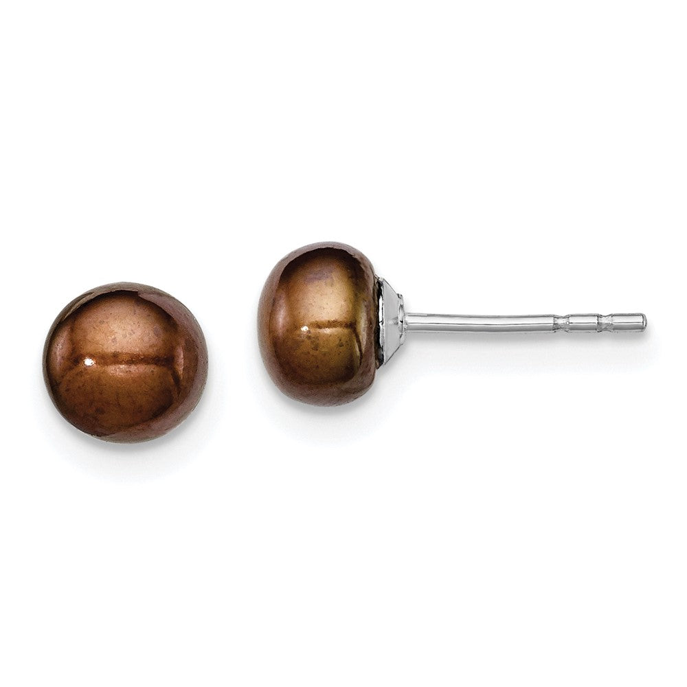 Rhodium-plated Silver 5-6mm Brown FWC Button Pearl Stud Earrings