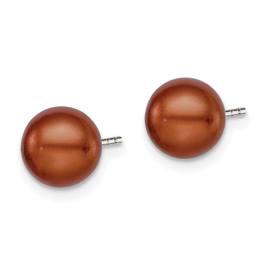 Rhodium-plated Silver 7-8mm Brown FWC Button Pearl Stud Earrings