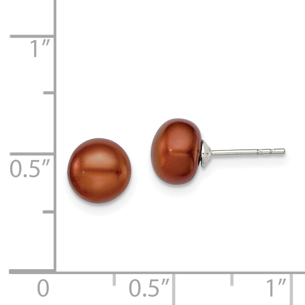 Rhodium-plated Silver 7-8mm Brown FWC Button Pearl Stud Earrings