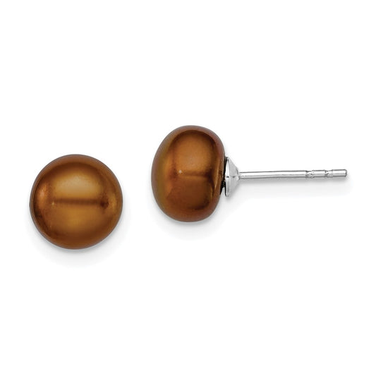 Rhodium-plated Silver 7-8mm Brown FWC Button Pearl Stud Earrings