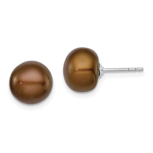 Rhodium-plated Silver 9-10mm Brown FWC Button Pearl Earrings