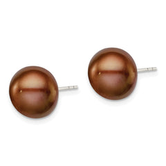 Rhodium-plated Silver 11-12mm Brown FWC Button Pearl Earrings