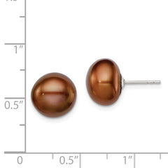 Rhodium-plated Silver 11-12mm Brown FWC Button Pearl Earrings