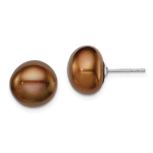 Rhodium-plated Silver 11-12mm Brown FWC Button Pearl Earrings