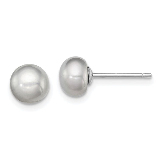 Rhodium-plated Silver 6-7mm Grey FWC Button Pearl Stud Earrings