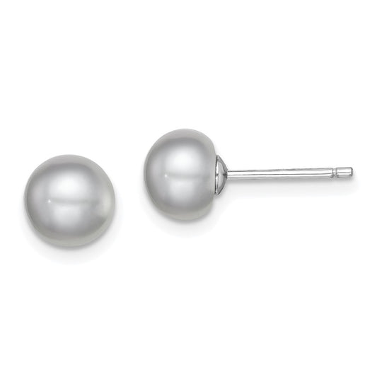 Rhodium-plated Silver 7-8mm Grey FWC Button Pearl Stud Earrings