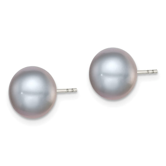 Rhodium-plated Silver 9-10mm Grey FWC Button Pearl Stud Earrings