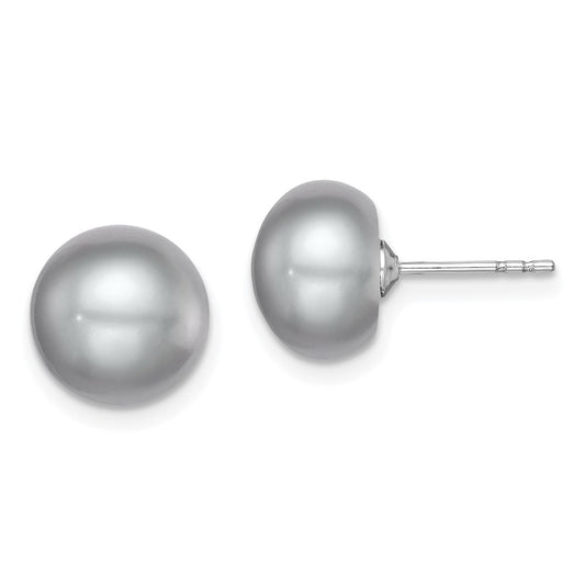 Rhodium-plated Silver 9-10mm Grey FWC Button Pearl Stud Earrings