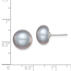 Rhodium-plated Silver 11-12mm Grey FWC Button Pearl Earrings