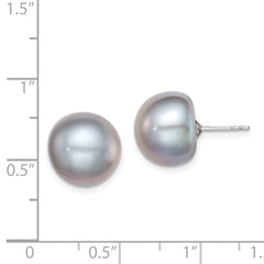 Rhodium-plated Silver 12-13mm Grey FWC Button Pearl Earrings