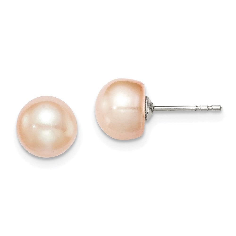 Rhodium-plated Silver 7-8mm Pink FWC Button Pearl Stud Earrings