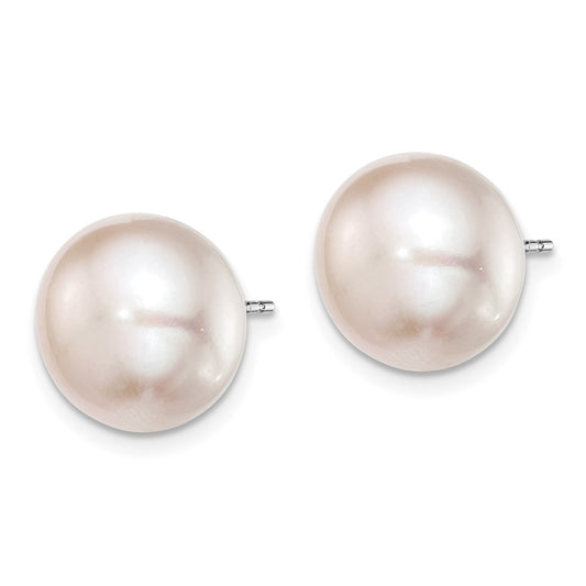 Rhodium-plated Sterling Silver 11-12mm Pink FWC Button Pearl Stud Earrings