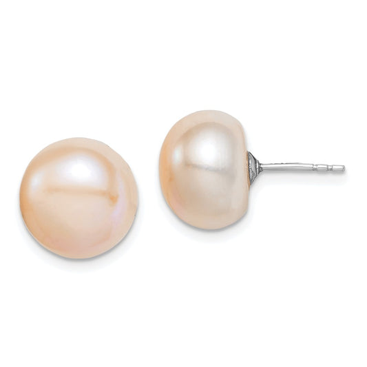 Rhodium-plated Sterling Silver 11-12mm Pink FWC Button Pearl Stud Earrings