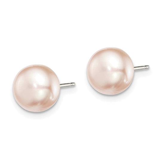 Rhodium-plated Silver 8-9mm Purple FWC Button Pearl Earrings