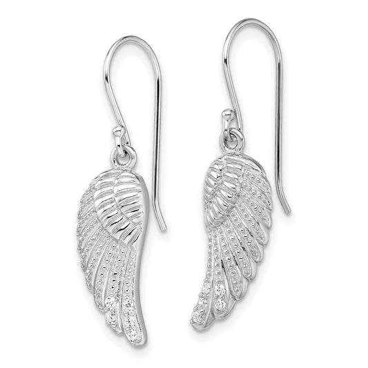 Rhodium-plated Sterling Silver CZ Wings Shepherd Hook Earrings