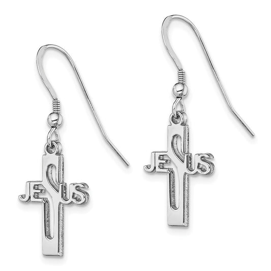 Rhodium-plated Sterling Silver JESUS Cross Shepherd Hook Earrings