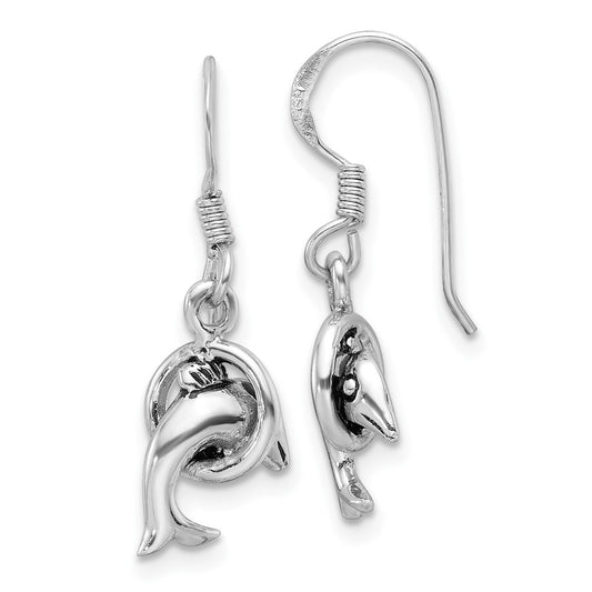 Rhodium-plated Sterling Silver Antiqued Dolphin Shepherd Hook Earrings