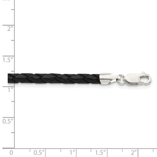 Sterling Silver 4mm Black Leather Braided Necklace