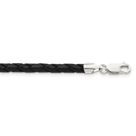 Sterling Silver 4mm Black Leather Braided Necklace