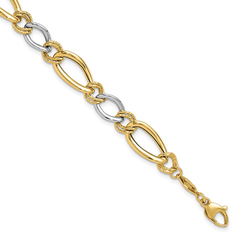 14K Two-Tone Gold Polished & Textured Fancy Oval Curb Bracelet