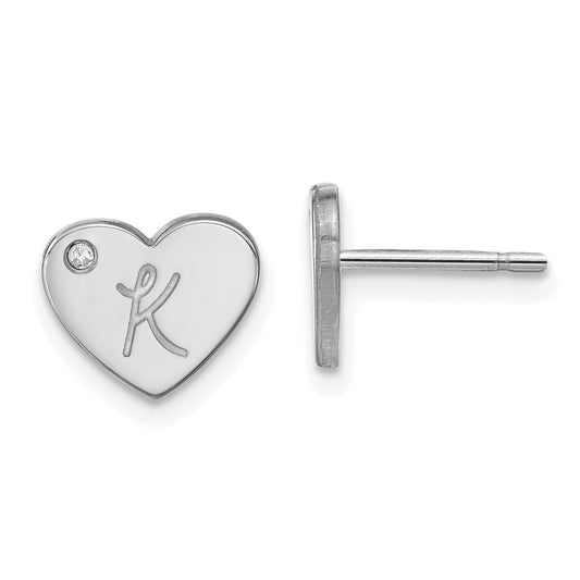 10K White Gold Initial Heart with Diamond Post Earrings
