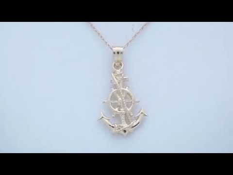 14K or 18K Gold Anchor With Ships Wheel Pendant